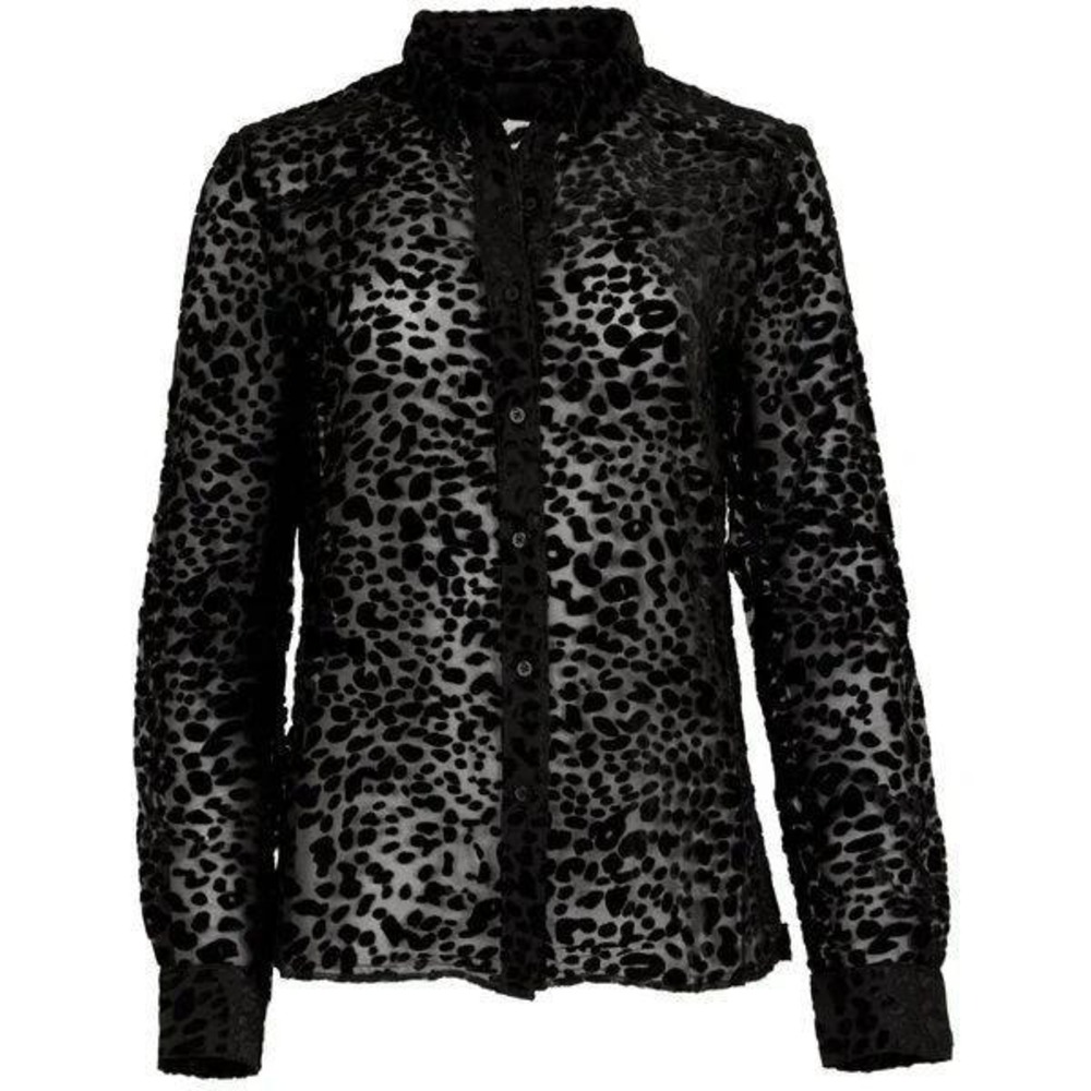 RTA Blythe Velvet Burnout Leopard Print Button Down Shirt Women S Black Sheer